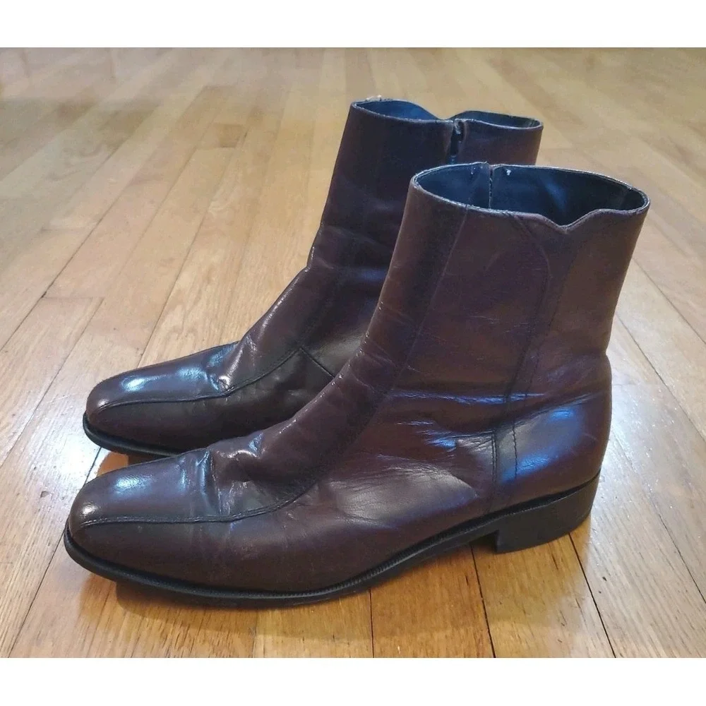 Florsheim Mens Burgundy Leather Side Zip Ankle Boots Square Toe 10.5 D 11087-05